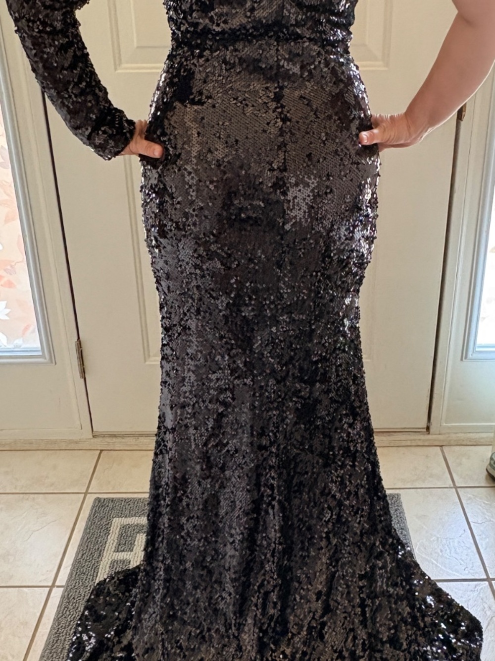 Fashion Nova NWOT Black One-Sleeveless Sequin Mermaid Gown with Waist Rosette.